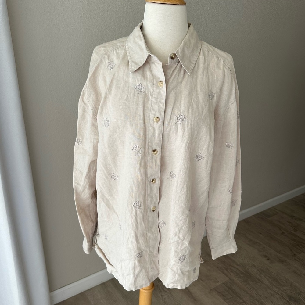 100% Linen Button Down Shirt with Embroidered Flowers